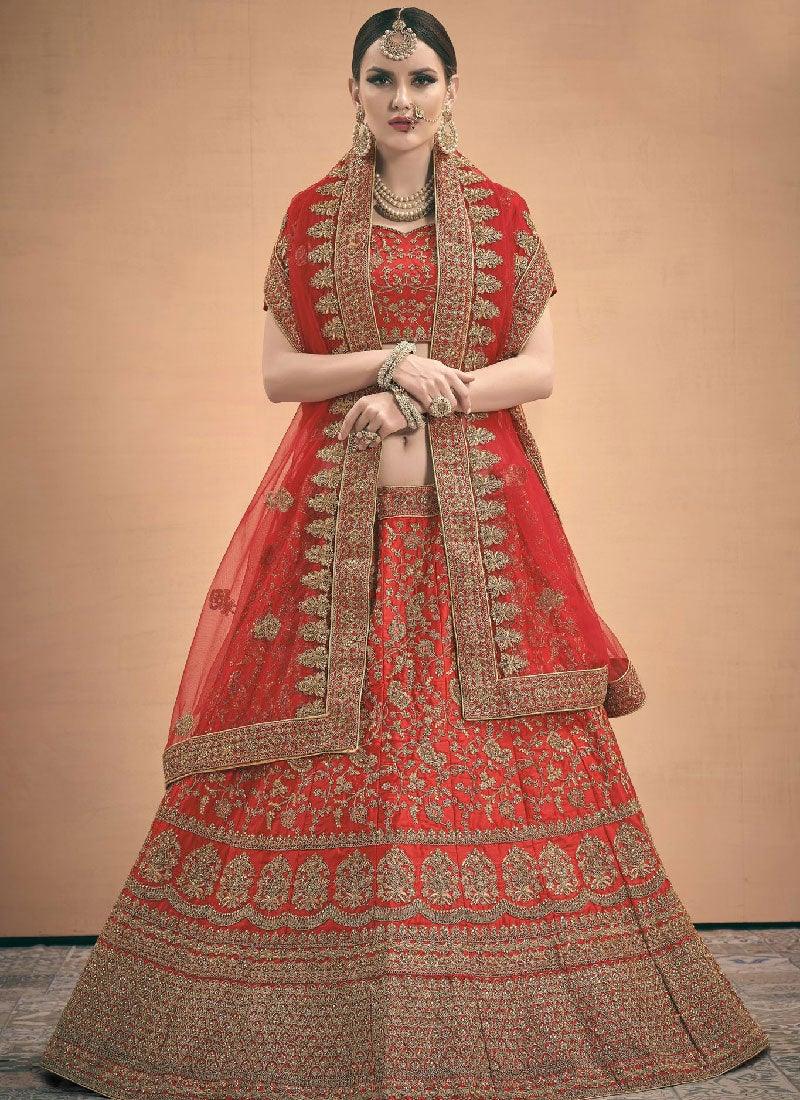 Zari And Stone Work Red Color Satin Fabric Lehenga Choli