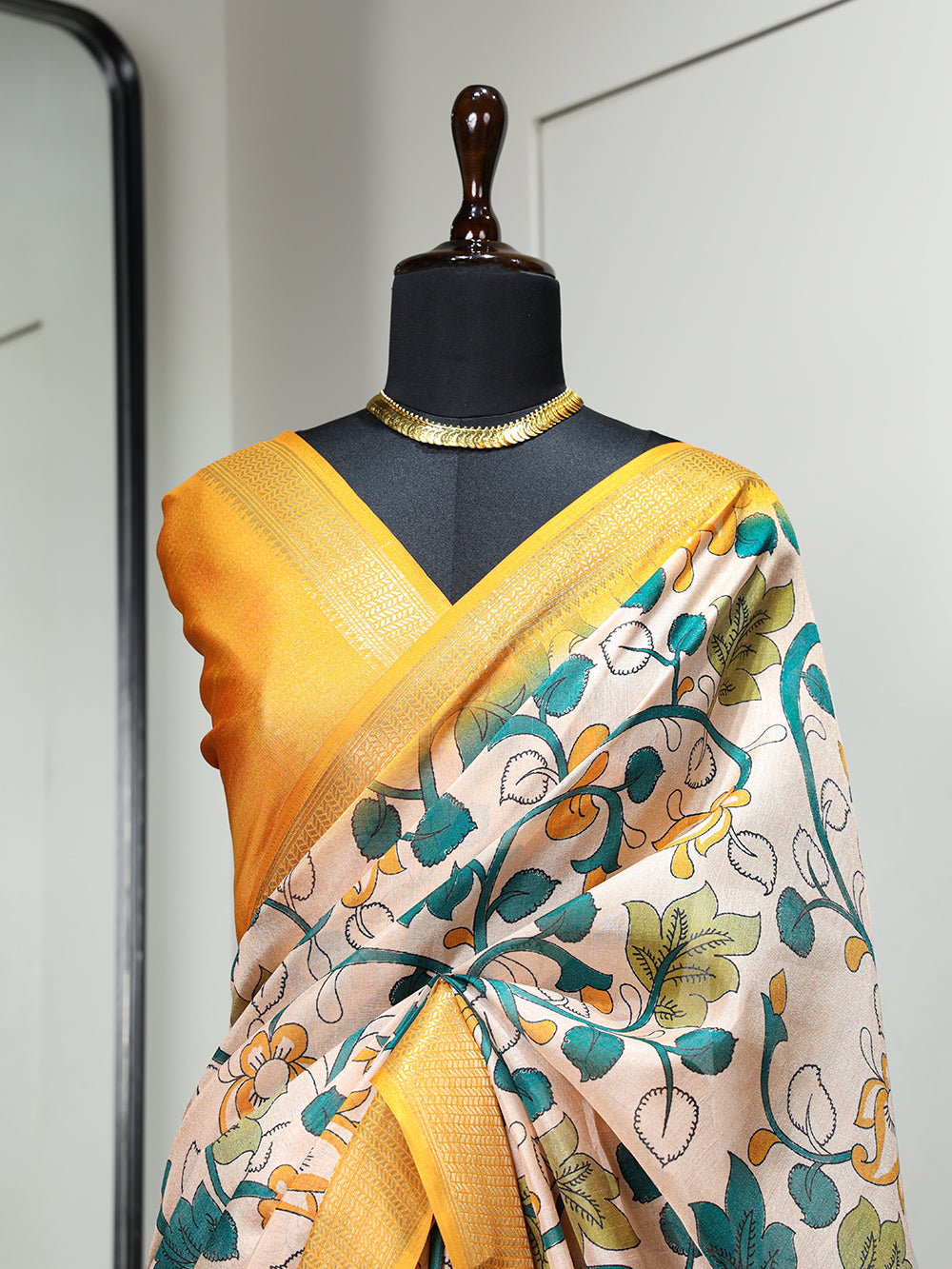 Yellow Color Printed With Zari Border Dola Silk Saree