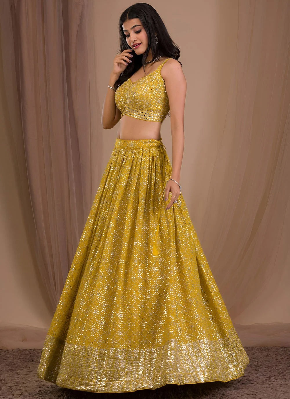 Yellow haldi ceremony lehenga in georgette with zari sequins embroidery