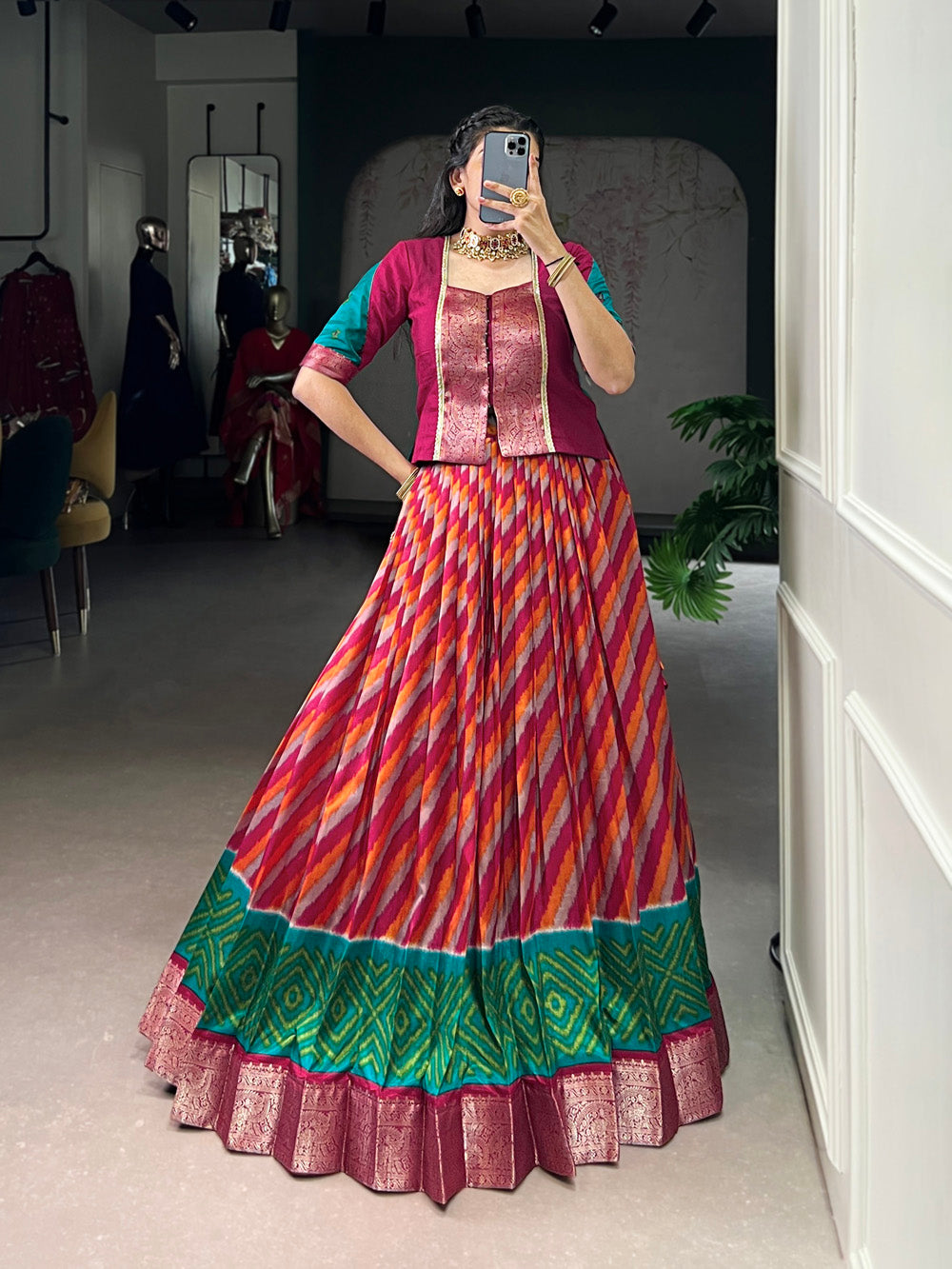 Red tasar silk leheriya print co ord set with vichitra silk zari weaving blouse