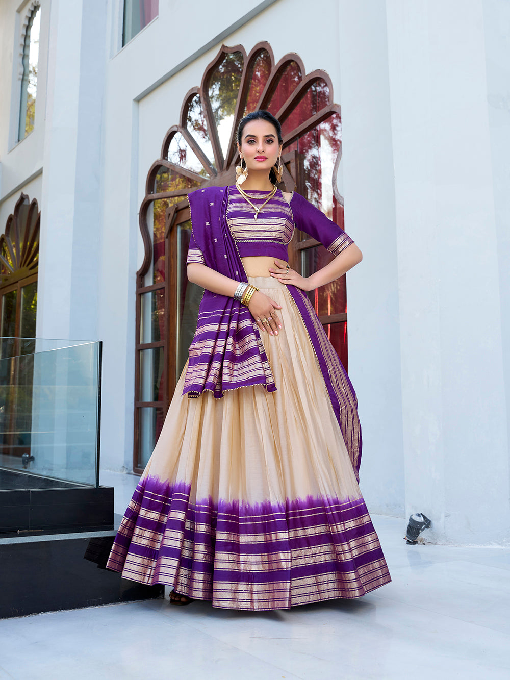 Cream color plain with zari weaving work border pure chanderi lehenga choli