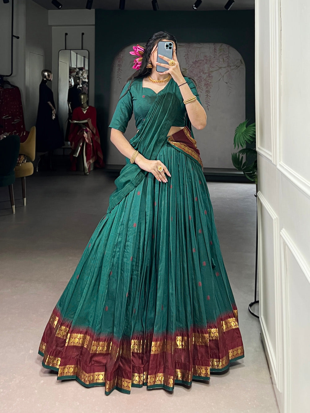 Teal chanderi lehenga choli with zari weaving border 4 meter flair