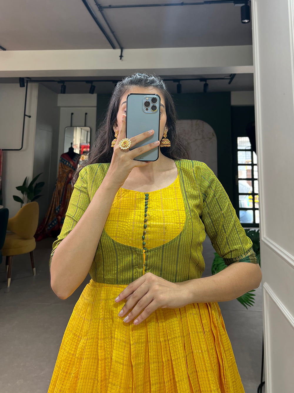 Yellow Color Zari Weaving Work Zari Chex Maharashtra Dress