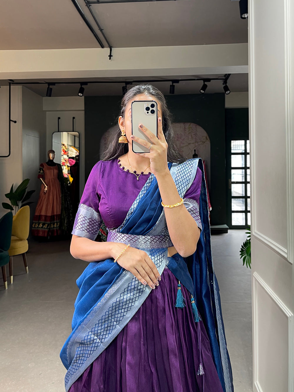 Purple Color Plain And Silver Viscose Chanderi Dupion Silk Semi Stich Half Saree Lehenga Choli