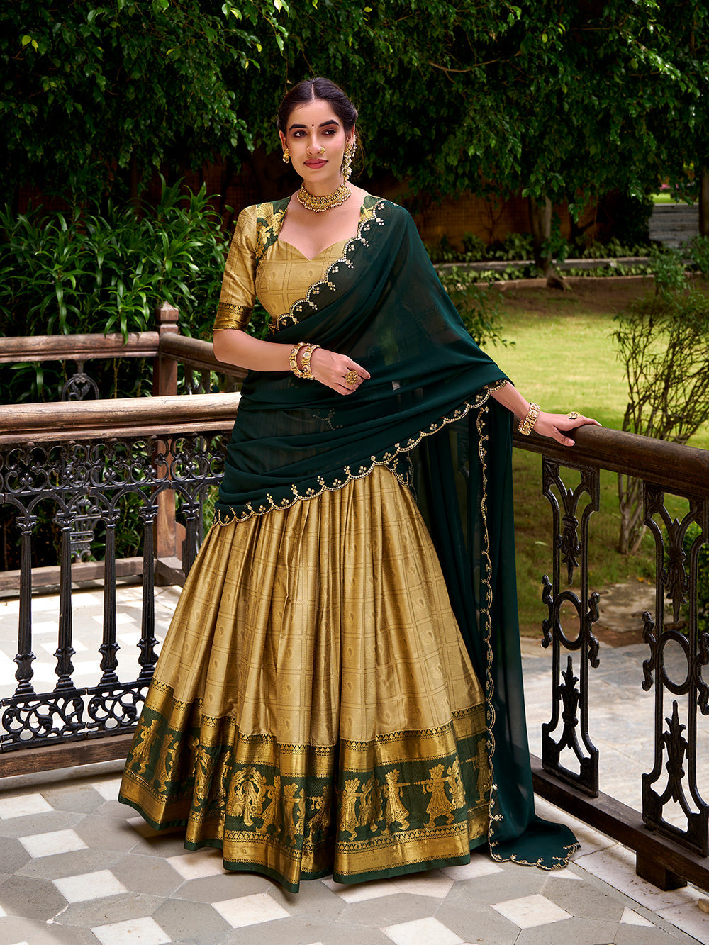 Cream poly cotton lehenga choli with zari weaving embroidered georgette dupatta