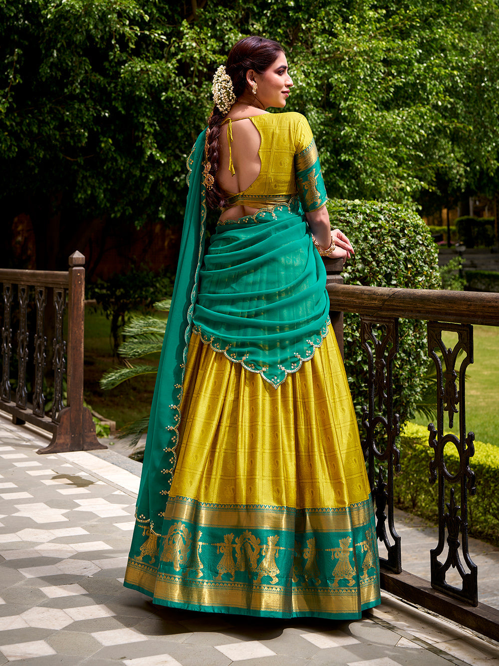 Yellow poly cotton lehenga choli with zari weaving embroidered georgette dupatta