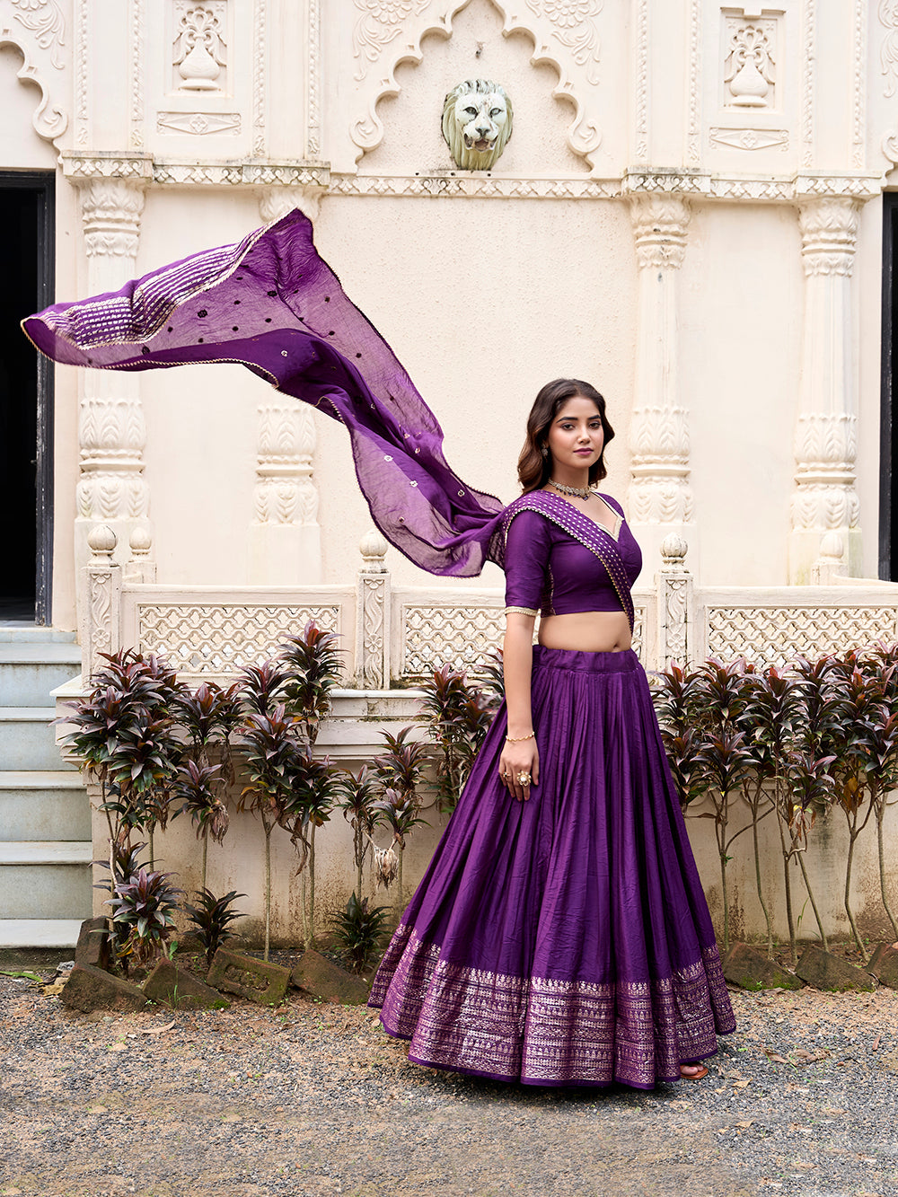 Elegant dark purple zari weaving chanderi silk wedding wear lehenga choli with dupatta