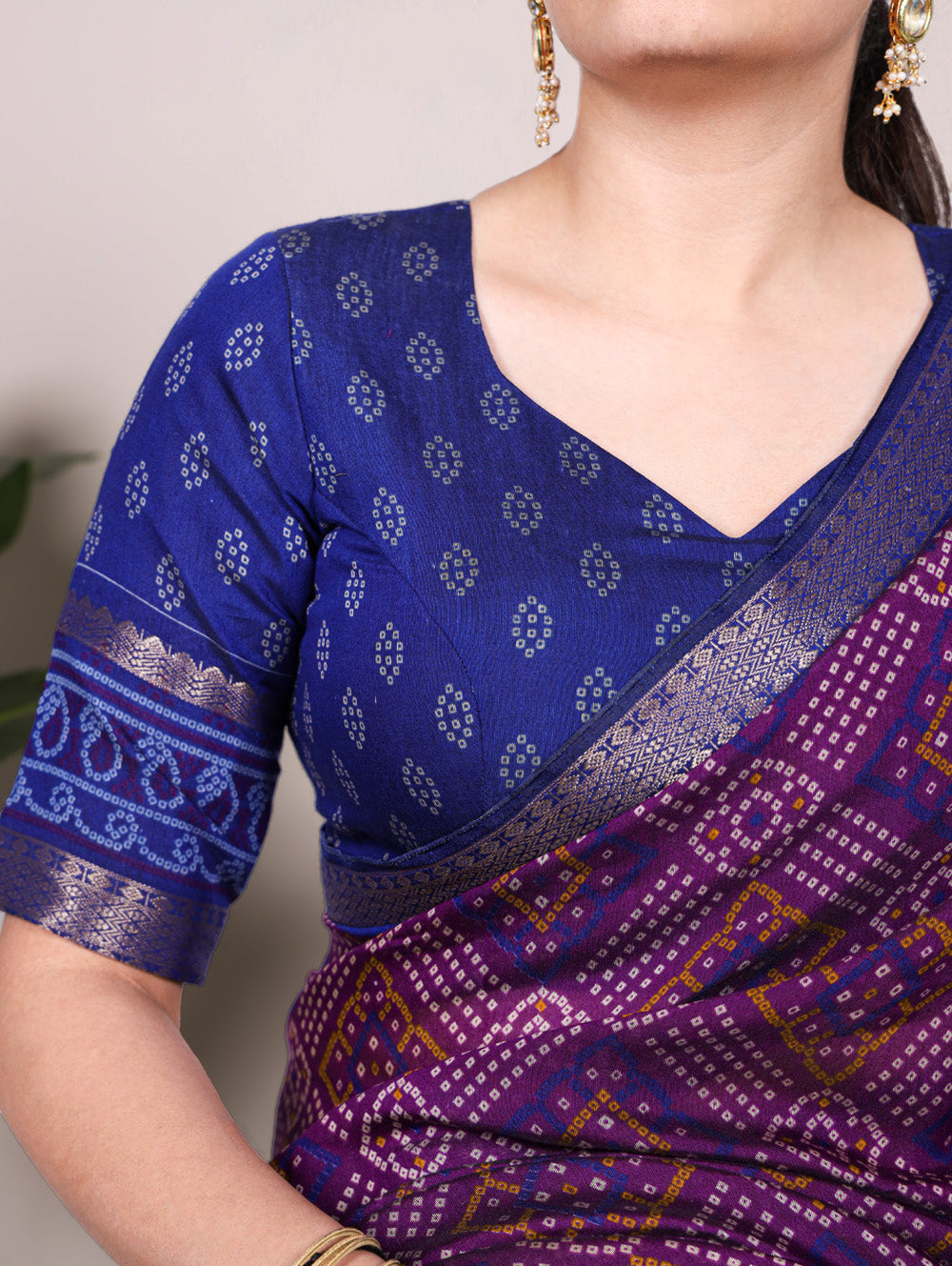 Purple viscose chanderi bandhej print saree with zari weaving border blouse piece