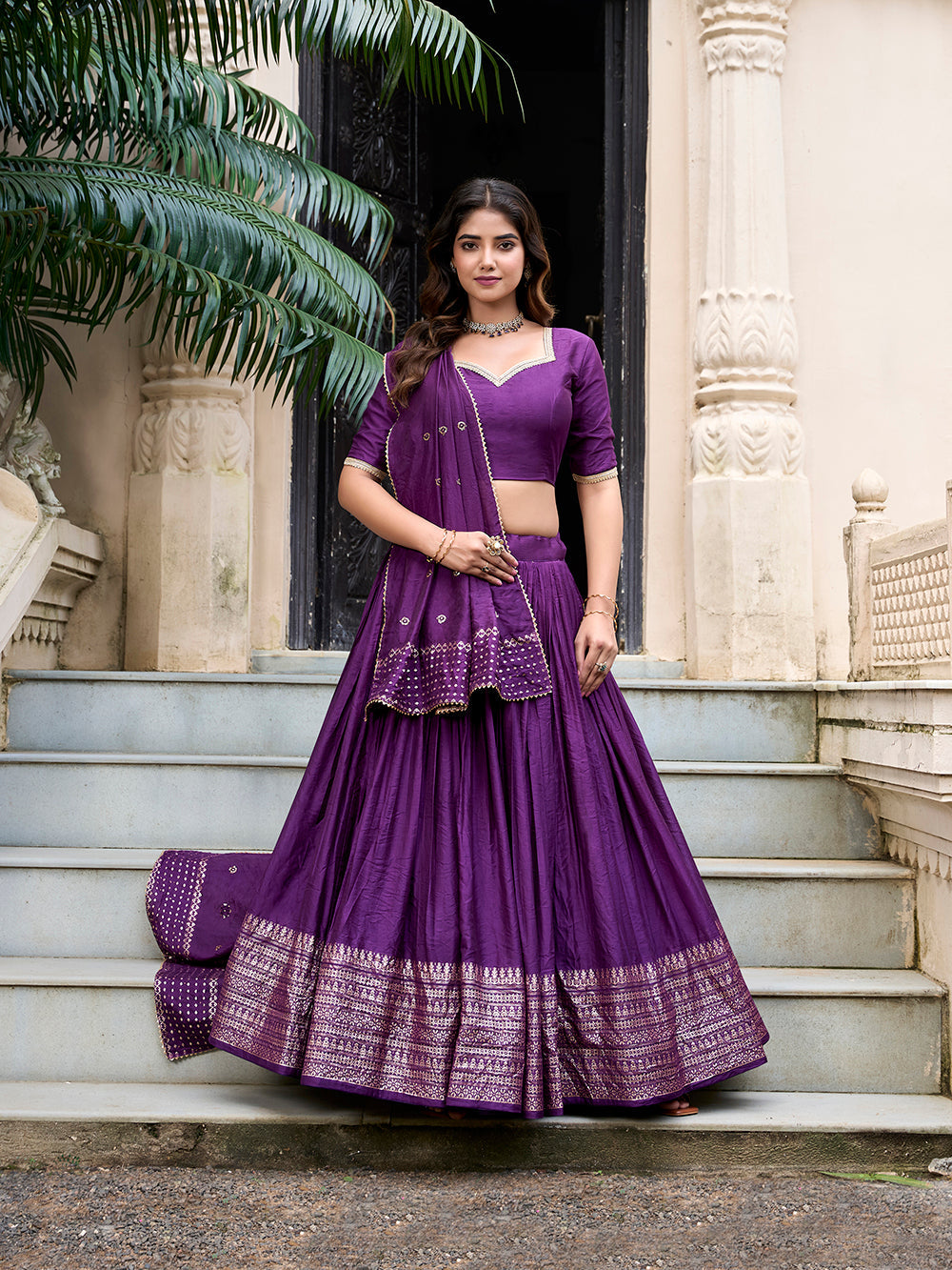 Elegant dark purple zari weaving chanderi silk wedding wear lehenga choli with dupatta