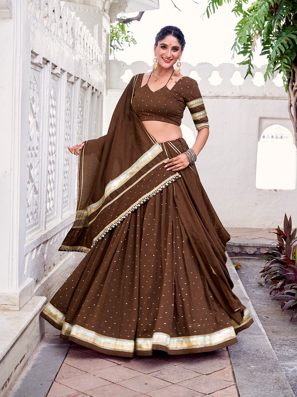 Brown chanderi zari weaving lehenga choli with embossed lace dupatta