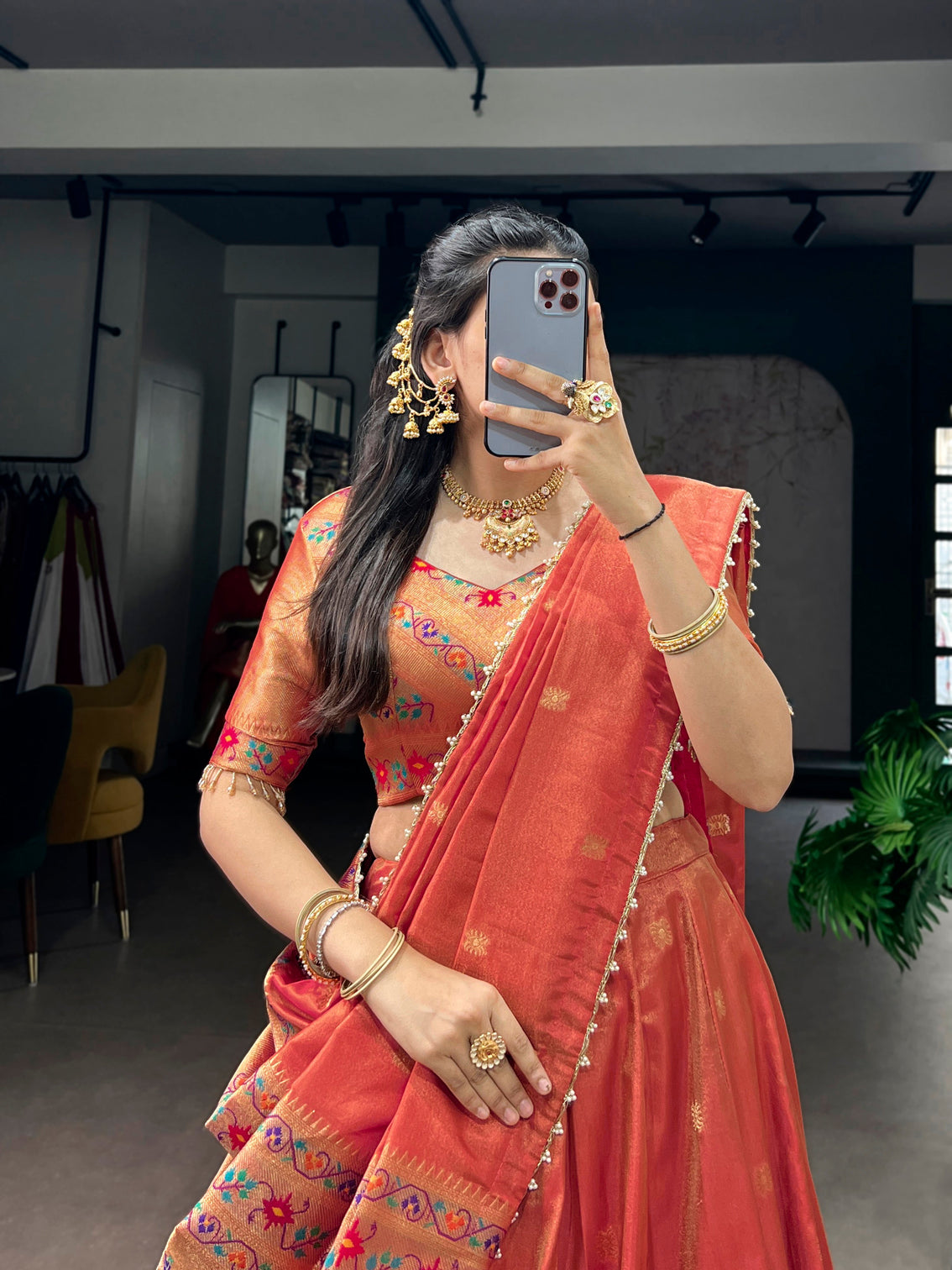 Coral color maharastrian wear shimmer lehenga