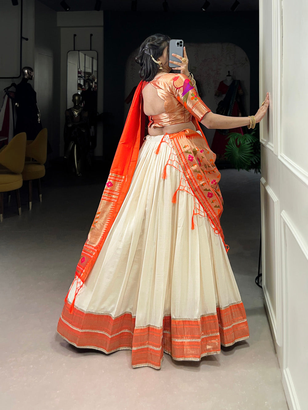 White vichitra silk south indian style lehenga choli with jacquard blouse orange dupatta