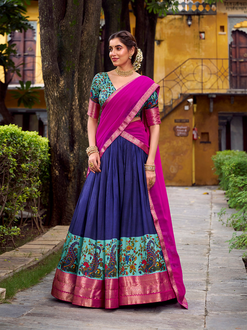 Navy blue astha silk printed zari weaving lehenga choli with georgette dupatta