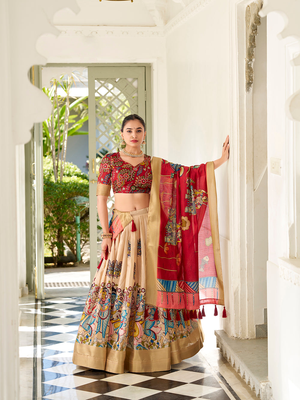 Cream color kalamkari print with weaving border dola silk lehenga choli