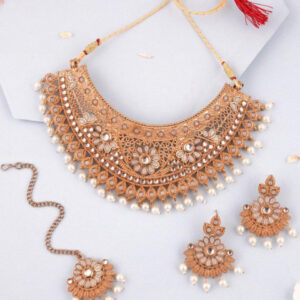 Mameraa Antique Gold-Plated White Meenakari & Pearl Choker Set - Image 1
