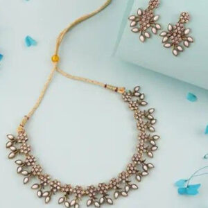 Mameraa Antique Gold Plated White Stone Studded Floral Choker Jewellery Set - Image 1