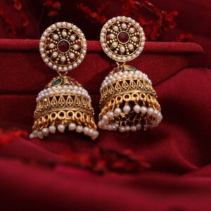 Mameraa Gold Plated Artificial Stones Studded And Beaded Dome Shaped Jhumkas - Image 1
