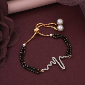 Mameraa Gold-Plated Heart beat Cubic Zirconia Studded & Beaded Mangalsutra Link Bracelet - Image 1
