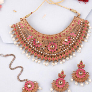 Mameraa Gold-Plated Pink Floral Kundan & Pearl Choker Necklace Set - Image 1