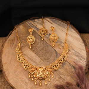 Mameraa Gold-Plated Rose Motif Necklace with Ruby & Green Stones & Stud Earrings - Image 1