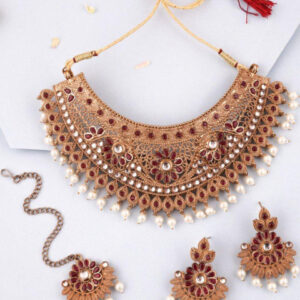 Mameraa Gold-Plated Ruby & White Stone Choker Necklace Set - Image 1