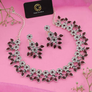 Mameraa Gold-Toned Ruby & Silver Maroon Stone Leaf Motif Necklace with Jhumka Earrings - Image 1