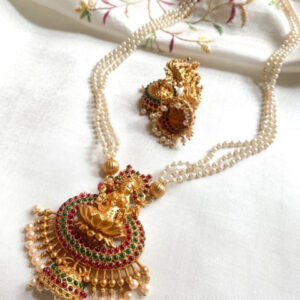 Mameraa Laxmi Kempu Ruby Emerald Gold-Plated Stone-Studded & Beaded JewellerySet - Image 1