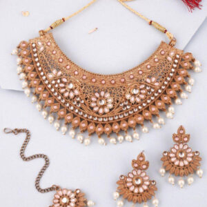Mameraa Mendi Gold-Plated White Kundan & Pearl Choker Necklace Set with Earrings - Image 1