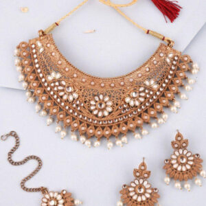 Mameraa Mendi Gold-Polished White Kundan & Pearl Studded Choker Necklace Set - Image 1