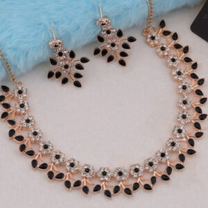 Mameraa Rose Gold Plated Black & White Crystal Floral Necklace with Earrings - Image 1
