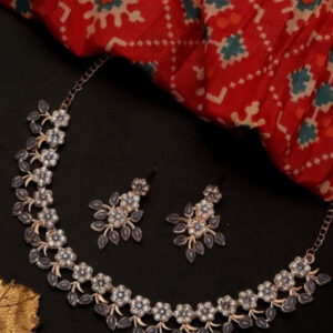 Mameraa Rose Gold Plated Blue & White Crystal Floral Necklace with Earrings - Image 1