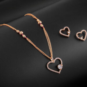 Mameraa Rose Gold Plated Heart & Solitaire Pendant Chain with Matching Stud Earrings - Image 1