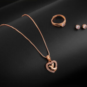 Mameraa Rose Gold Plated Heart Solitaire Pendant Set with Stud Earrings & Adjustable Ring - Image 1