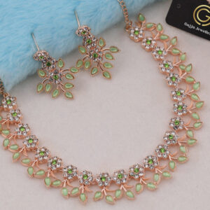 Mameraa Rose Gold Plated light green & White Crystal Floral Necklace with Earrings - Image 1