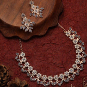 Mameraa Rose Gold Plated purple & White Crystal Floral Necklace with Earrings - Image 1