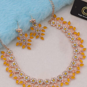 Mameraa Rose Gold Plated yellow & White Crystal Floral Necklace with Earrings - Image 1