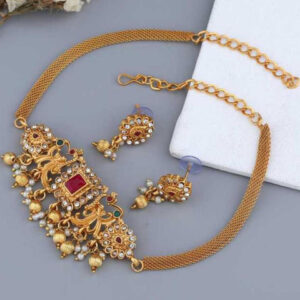 Mameraa Ruby Red Beaded Gold-Toned Necklace Set with Intricate Pendant & Earrings - Image 1