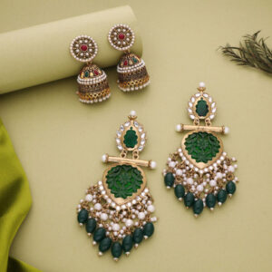 Mameraa Set Of 2 Gold-Plated Kundan Studded & Beaded Earrings - Image 1