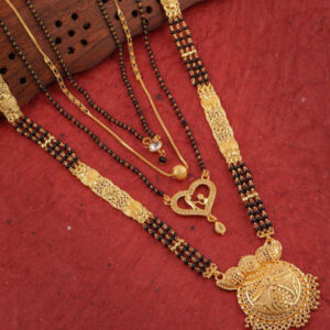 Mameraa Set of 4 Gold-Plated Stones Studded and Beaded Long & Short Mangalsutras - Image 1