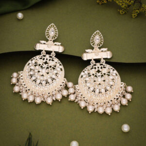 Mameraa Silver Plated Artificial Stones Studded & Beaded Crescent Shaped Chandbalis - Image 1