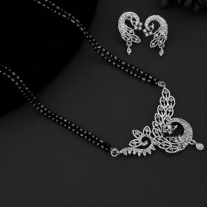 Mameraa Silver-Plated Cubic Zirconia Stone-Studded Mangalsutra With Earrings - Image 1