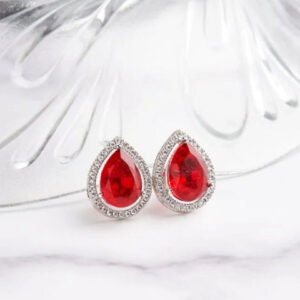 Mameraa Silver Plated Red Ruby Stone Studded Teardrop Shaped Studs - Image 1