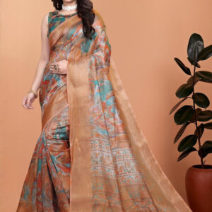 Mameraa Abstract Printed Zari Saree With Blouse Piece - Image 1