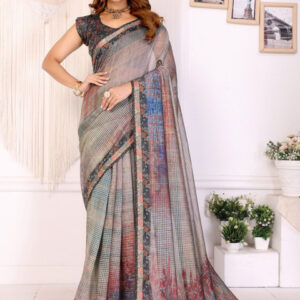 Mameraa Checked Saree With Floral Printed Border - Image 1