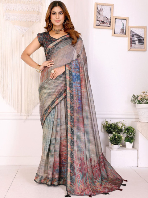 Mameraa Checked Saree With Floral Printed Border
