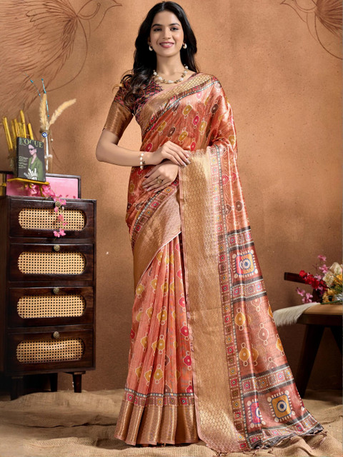 Mameraa Ethnic Motifs Printed Zari Saree