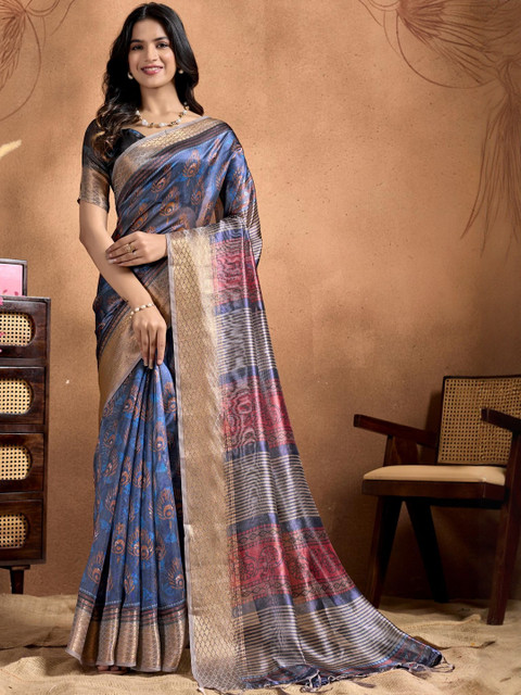 Mameraa Ethnic Motifs Printed Zari Saree With Blouse Piece