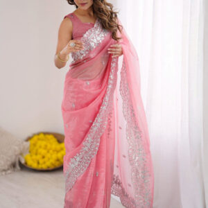 Mameraa Floral Embroidered Sequinned Saree With Unstitched Blouse Piece - Image 1