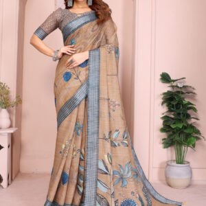Mameraa Floral Printed Checked Border Saree - Image 1