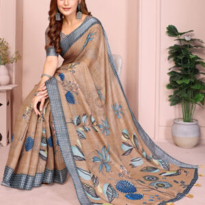 Mameraa Floral Printed Checked Border Saree - Image 4